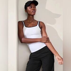 Athleta White Ribbed Tank Top with Black Trim